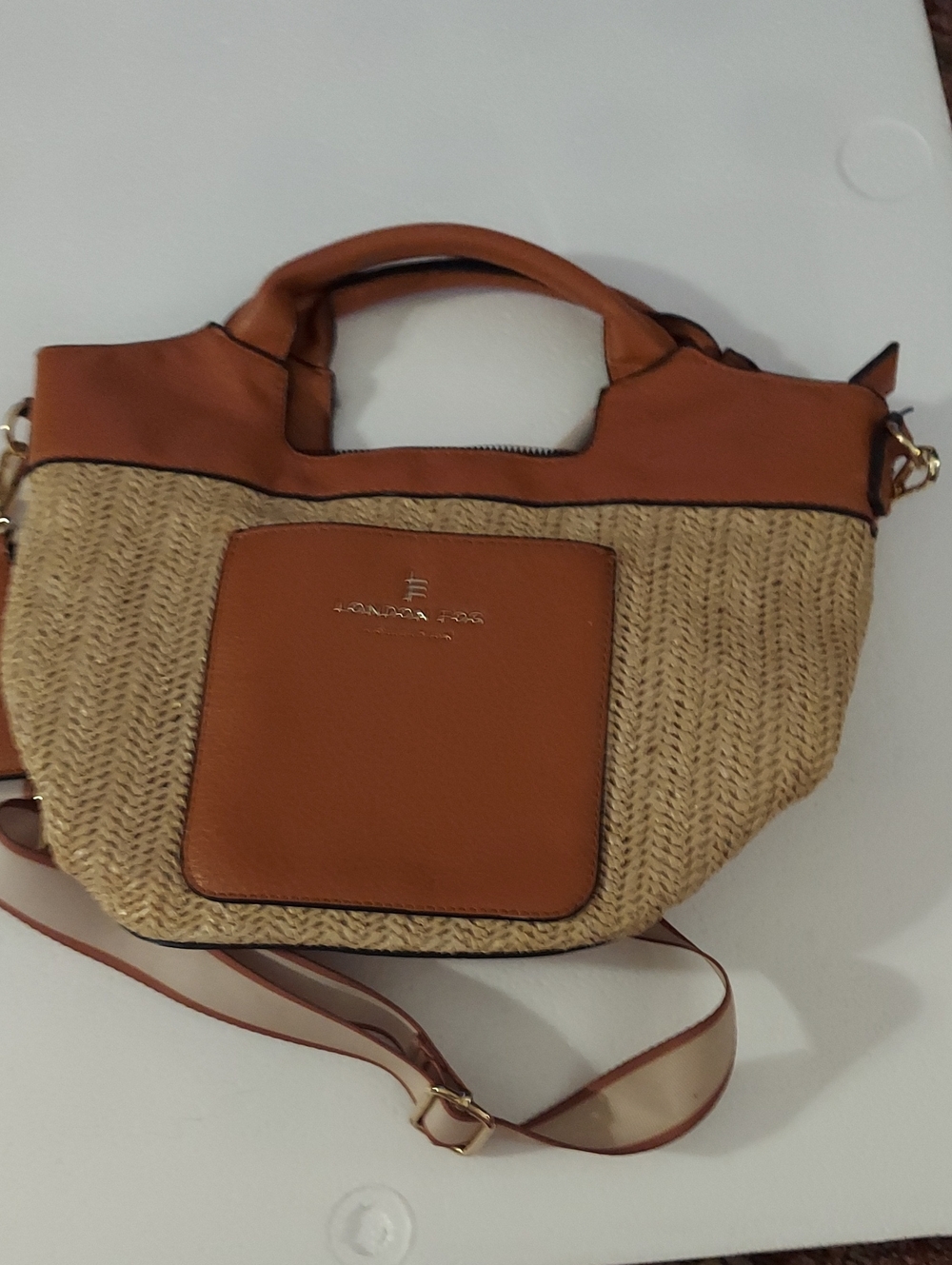 London Fog Tan and Natural Woven Crossbody Satchel
